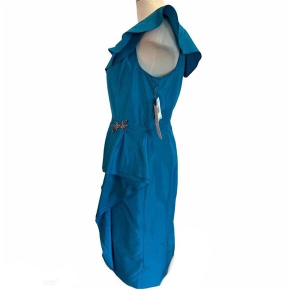 NWT Rickie Freeman For Teri Jon blue ruffle frill neck silk dress Sz 12 NWT - Picture 3 of 10